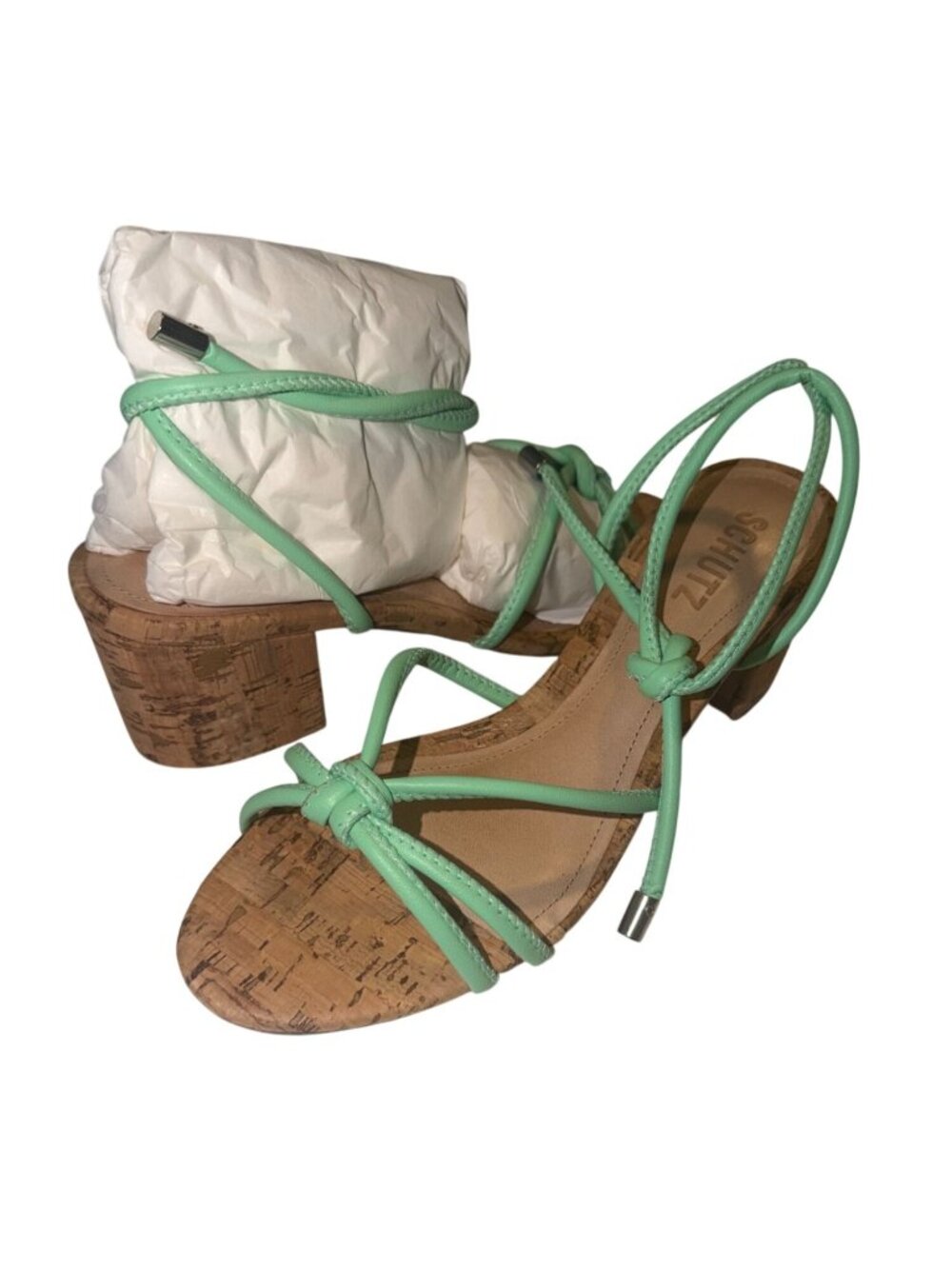 Schutz Suzy Mint Cork Mid Heel Ankle Wrap Sandals Size 6.5 NWB